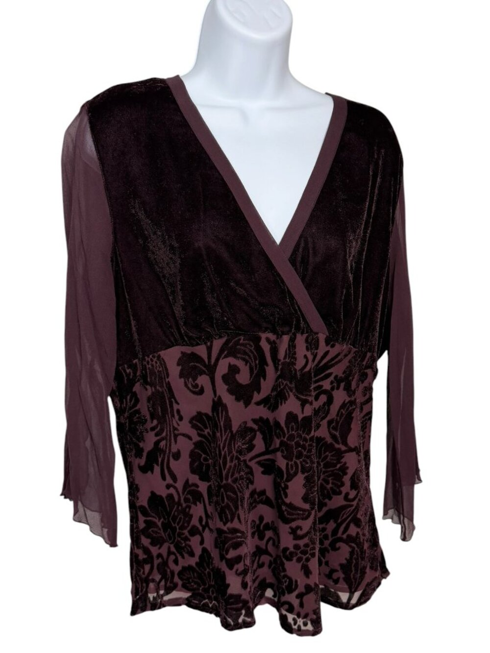 Worthington Velvet Burnout Floral Surplice Blouse Bell Sleeve Plum XL